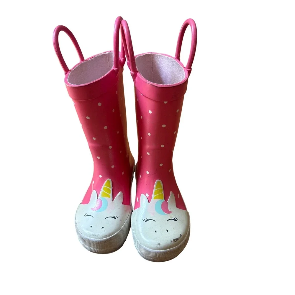 Carter's Rain Boots Kids Pink Unicorn Polka Dot Pull On SIZE 5M